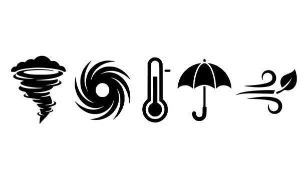Weather and Natural Disaster Silhouette Icon Set Featuring Tornado Hurricane Thermometer Umbrella and Blowing Wind Symbols for Climate Forecasting Graphic Designs