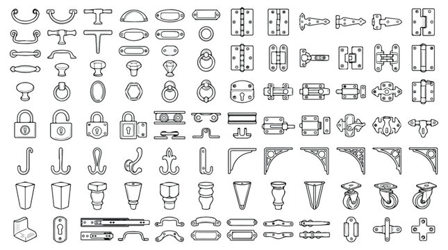 Vintage furniture hardware icons set, antique metal cabinet handles and door hinges vector, industrial drawer pulls and locks collection