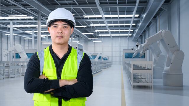 Engineer in Hard Hat and Safety Vest Standing in Automated Factory with 3D Robotic Arms Illustration Montage