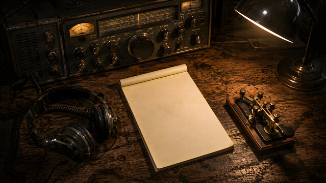 An antique radio transceiver with telegraph keys and headphones
