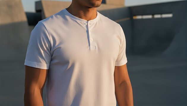 Hispanic man wearing a blank white baseball henley shirt at a modern concrete sports park