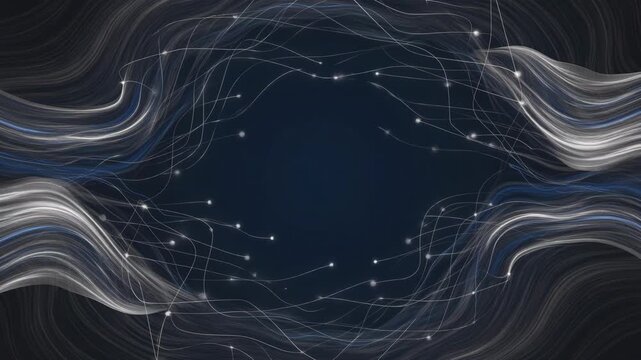 Flowing luminous lines and glowing particles create an abstract network on a dark navy background, suggesting digital connection