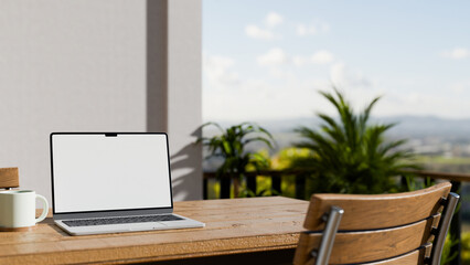Fototapeta premium 3D Illustration of Laptop with Blank Screen Mockup on Wooden Table on Outdoor Balcony with Scenic Nature View