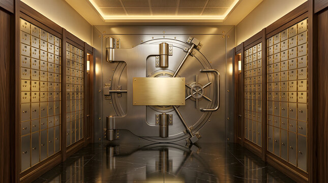 Blank brass plaque attached to the bank vault door of the deposit box room