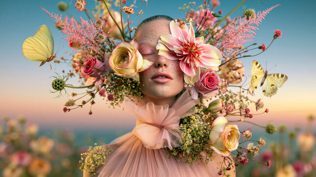 Surreales Sch&ouml;nheitsportr&auml;t einer Frau mit Blumen und Schmetterlingen