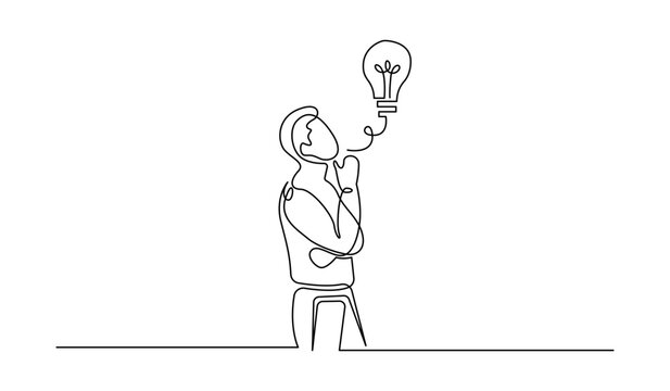 Continuous line drawing of a thinking man with a lightbulb representing creative idea generation isolated