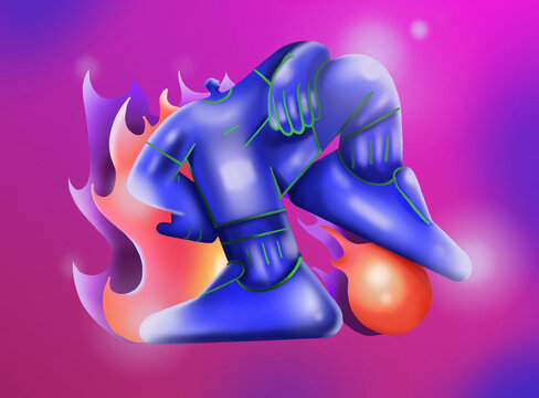 Stylized Soccer Player with Flaming Ball on Purple Background