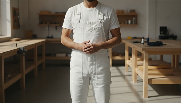 Hispanic man wearing blank white utility overalls standing in a sunlit design workshop