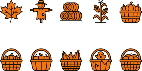 Autumn harvest icons with baskets and scarecrow © MdRakibul