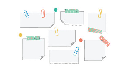 Fototapeta premium Collection of blank white paper sticky notes and scraps secured with colorful paperclips and decorative tape.