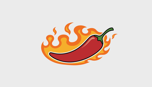 Red hot chili pepper engulfed in roaring orange flames representing spicy taste and hot culinary sensations.