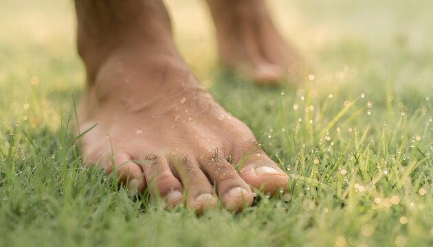 Close up of bare feet walking on fresh green grass with morning dew drops and golden sunlight bokeh