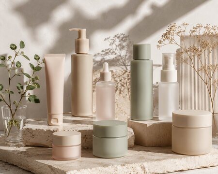 Luxury cosmetic packaging mock-up featuring matte blush pink, warm sand beige, soft sage green, muted cream and frosted glass containers, elegant geometric composition, minimal editorial styling, prem