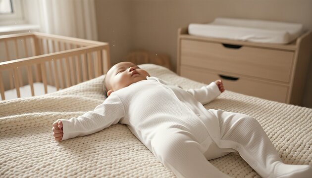 Infant wearing a blank white coverall resting on a soft knit blanket in a sunlit nursery
