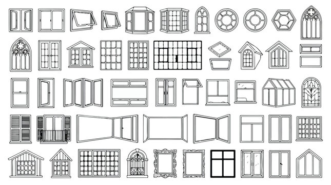 Architectural window icons set, 50 line art window frames for building design, diverse house window styles vector collection for blueprints