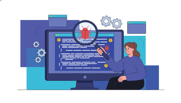 Software tester analyzing code with a magnifying glass to find bugs and errors on a large computer screen.
