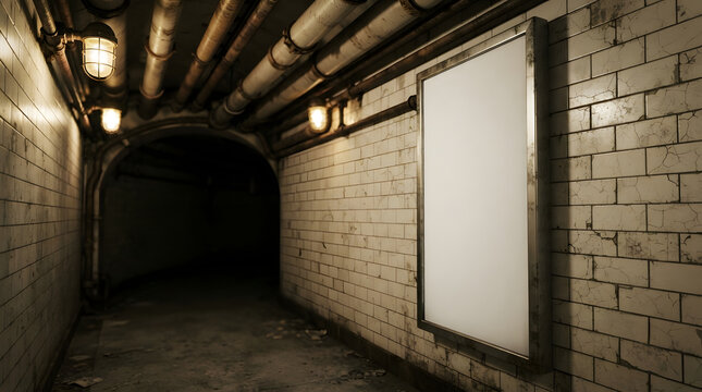 A blank poster board on the tiled wall of an old subway tunnel