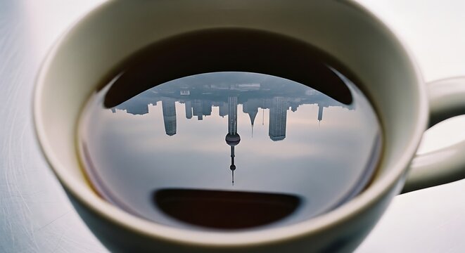 Shanghai skyline reflection in a cup of coffee on a table