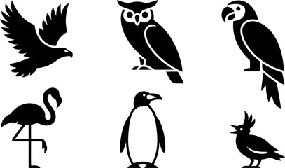 Set of various bird icons, including eagle, owl, parrot, flamingo, penguin, and cockatoo silhouettes © SAYEDAJANNATUL