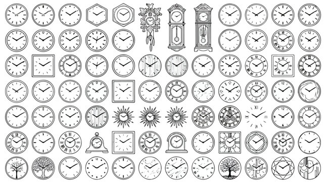Minimalist clock icons set, 84 line art watch faces and time symbols, vintage wall clock and modern timepiece vector collection