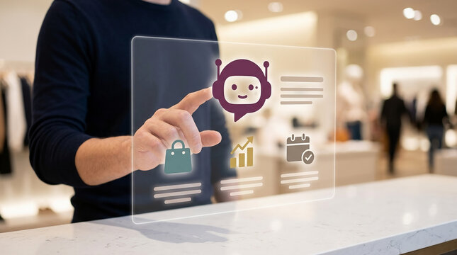 Man using AI chatbot holographic interface for smart retail shopping and customer service experience in a modern clothing store background.