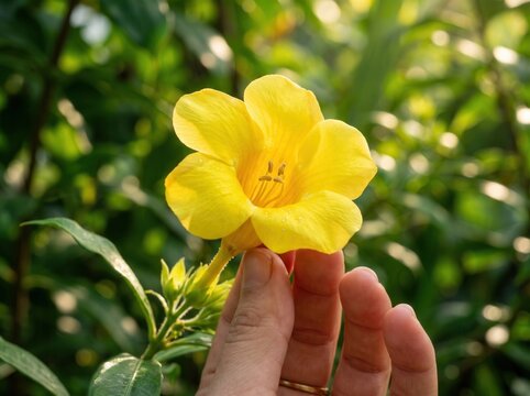 Hand reaching for a yellow allamanda flower with allamanda touching botanical