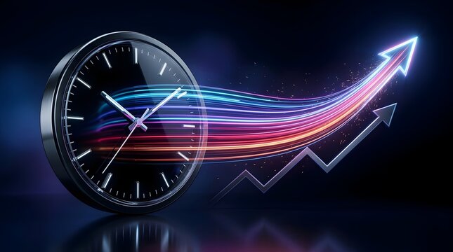 Futuristic Clock Face with Glowing Light Trails Forming an Upward Arrow Symbolizing Fast Growth