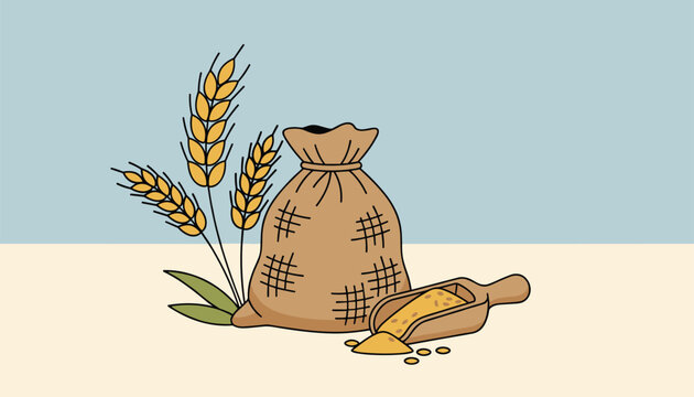 Hessian sack filled with dry grain next to golden wheat ears and a wooden scoop with flour on a blue background.