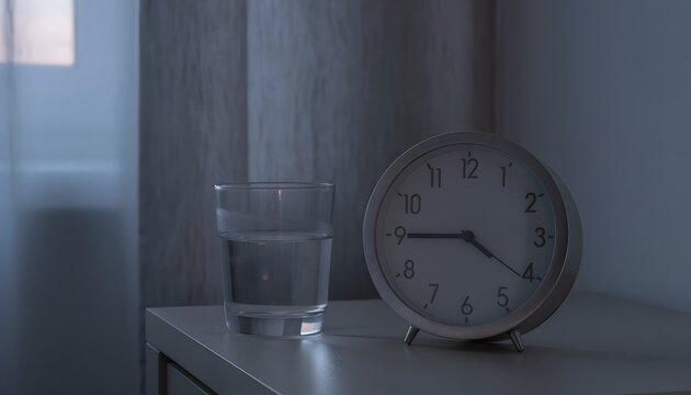 Analog Alarm Clock Showing 4:45 and a Glass of Water on a Bedside Table in a Dim Room at Early Dawn