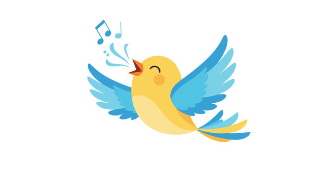 Cheerful cute little yellow bird singing happily with blue wings open and musical notes flying in the air vector icon.