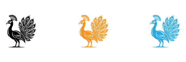 Obraz premium Three stylized peacock icons in different colors isolated on transparent background, Vector