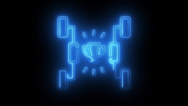 Neon tournament bracket with winner trophy glowing digital sports competition chart animation championship