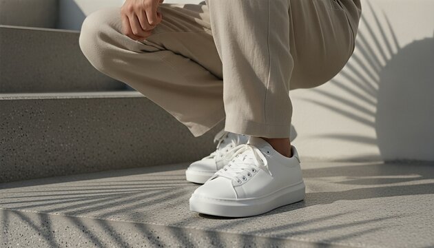 Man wearing blank white sneakers squatting on a minimalist micro cement staircase