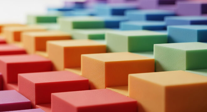 Colorful stacked cubes in a rainbow gradient, representing order, structure, and diversity, ideal for abstract or design concepts.