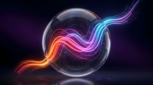 Abstract Transparent Glass Sphere with Flowing Neon Pink and Blue Fiber Optic Light Waves