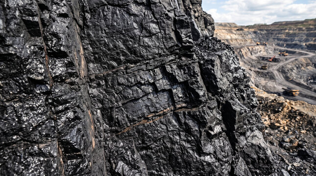 Raw black coal seam in open pit mine, industrial mineral extraction site, dark carbon rock texture in surface mining quarry