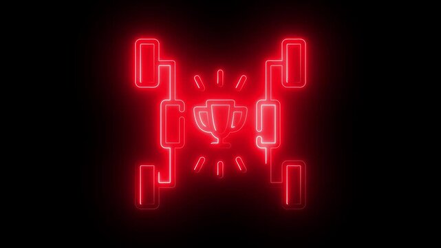 Red neon tournament bracket with winner trophy, esports competition concept, glowing digital sports