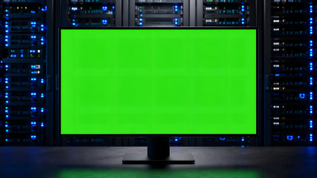 A computer monitor with a green screen in a modern server room