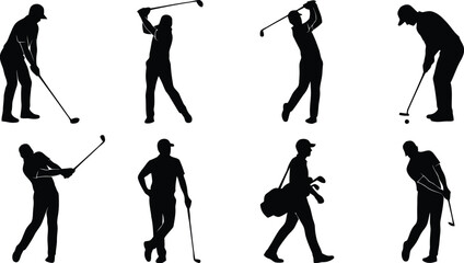 Naklejka premium Golf player silhouettes on a white background vector illustration set