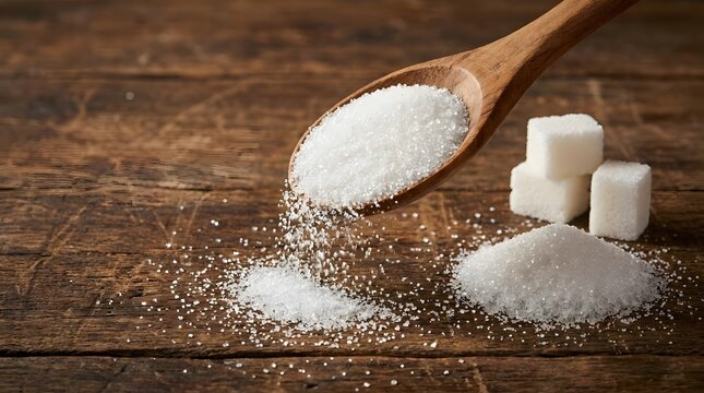 Sugar pouring from a wooden spoon onto a table