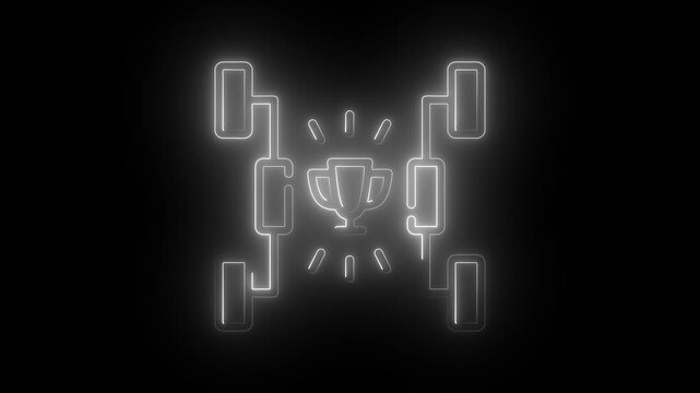 Neon tournament bracket with winner trophy, glowing sports competition for esports and gaming