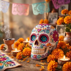 Fototapeta premium Colorful sugar skull centerpiece with floral decorations. Traditional Mexican Day of the Dead celebration motif.