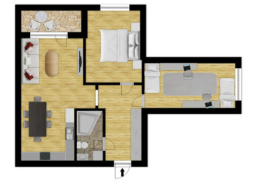 Apartment flat top view 2d render apartment floor plan 2D Floor plan of a home Modern home interior