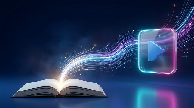 Glowing Open Book Emitting Dynamic Light Streams Towards Neon Play Button Concept of Digital Audiobooks and Media Learning
