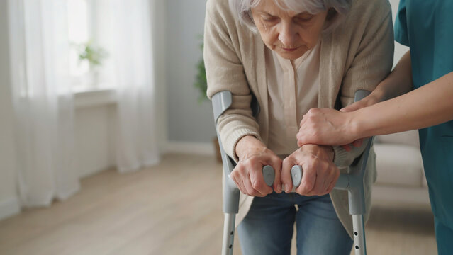 Caregiver supporting elderly woman using walking frame at home