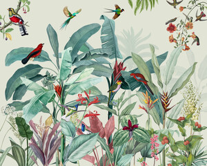 Vintage Tropical Botanical Wallpaper with Exotic Birds and Banana Leaves Watercolor  © Mondal_01