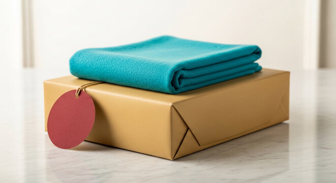 A folded teal fabric rests atop a brown gift box with a red tag, symbolizing surprise, celebration, and thoughtful giving for any occasion.