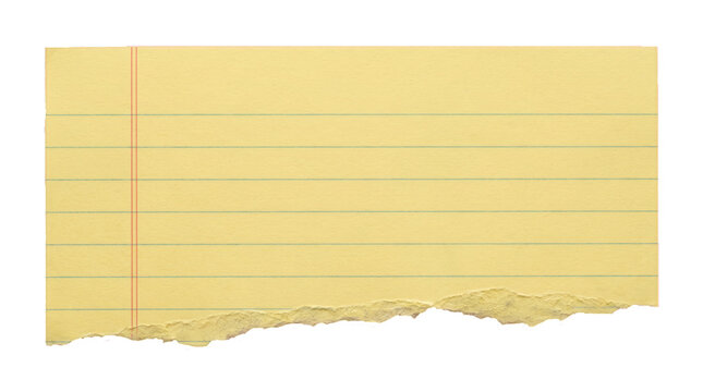 Yellow lined paper scrap with torn bottom edge, vintage legal pad paper fragment, isolated ruled notepad sheet for notes and scrapbooking
