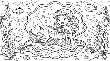 Obraz premium Cute little mermaid sitting in a large seashell underwater with fish and seaweed coloring page for kids
