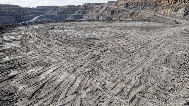Open pit mine landscape with heavy machinery tire tracks, industrial quarry excavation site, deep coal mine or mineral extraction facility